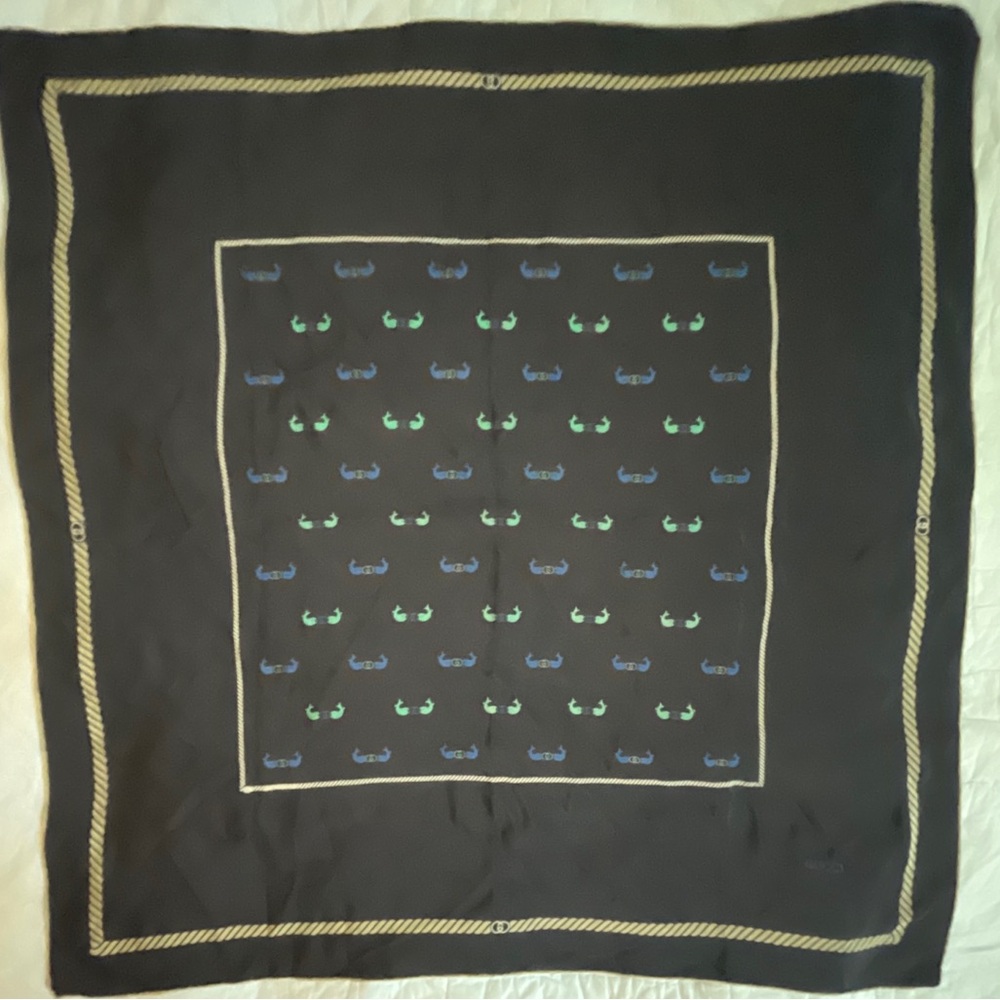 GUCCI Navy, Grey and Teal Fish Patterned Monogram 100% Silk Scarf